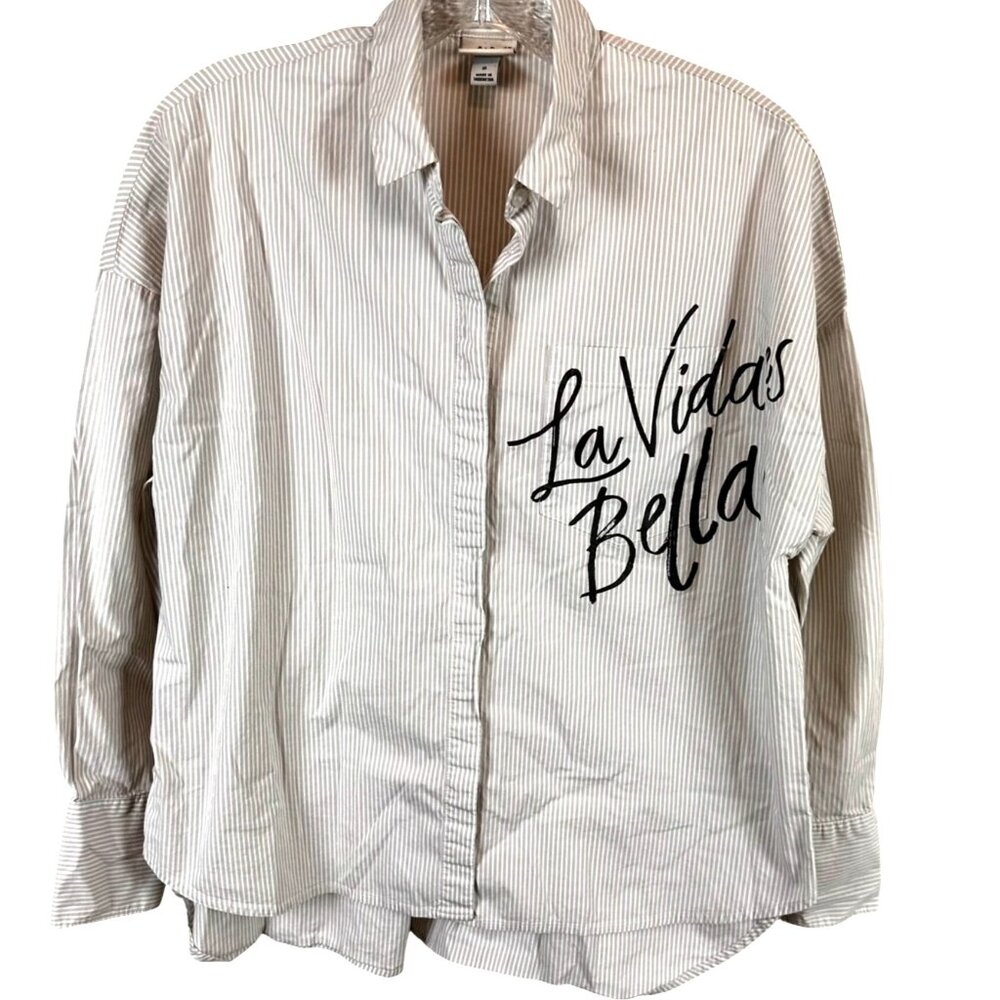 A New Day Size S  Striped Button-Up Shirt La Vida Bella Graphic